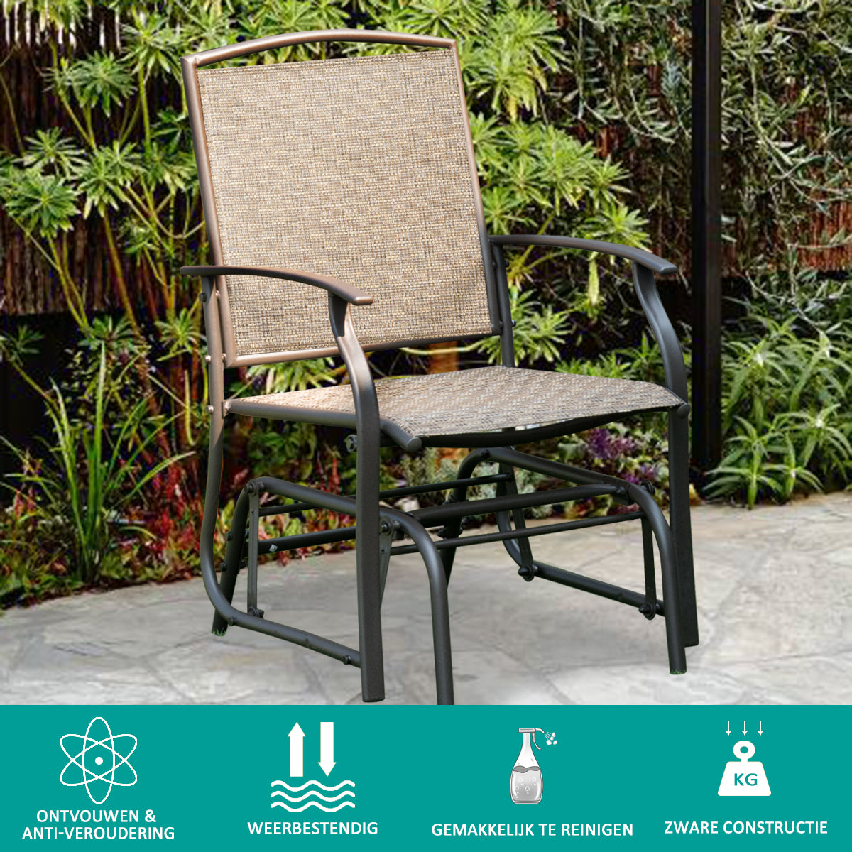 LIVSK Schommelstoel voor Buiten - Stevig Stalen Frame - Ergonomisch Ontwerp - Comfortabele Zitting - Tot 150 kg - Bruin