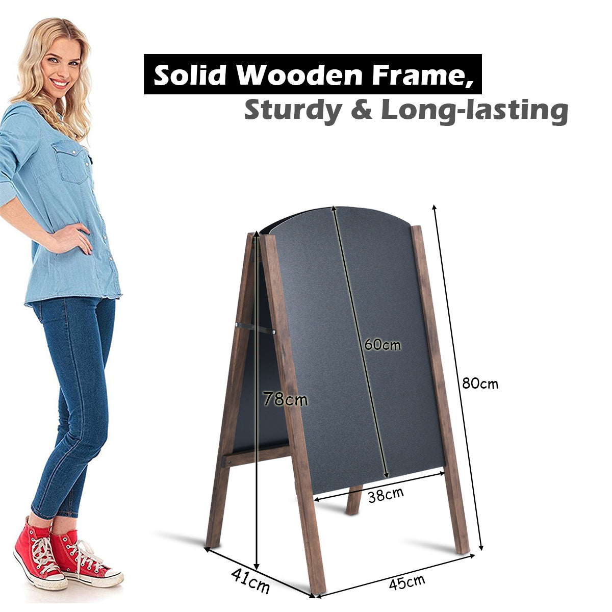 LIVSK A-frame stoepbord - Dubbelzijdig - Hoogwaardig Grenenhout - Opvouwbaar - Voor Menu's en Reclame - 45 x 41 x 78 cm - Zoals