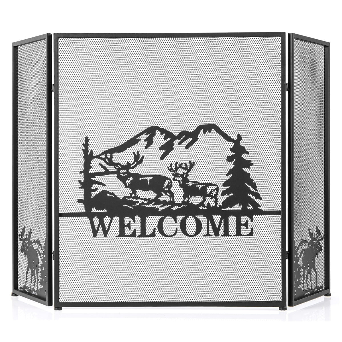 LIVSK Haardscherm met Vonkenbescherming - Inklapbaar 3-Delig - Stevig Metaal - Decoratief Visgraatpatroon - 132 x 79 cm - Zwart
