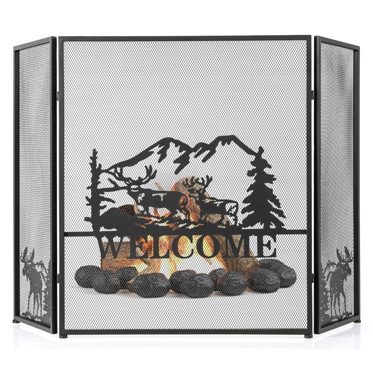 LIVSK Haardscherm met Vonkenbescherming - Inklapbaar 3-Delig - Stevig Metaal - Decoratief Visgraatpatroon - 132 x 79 cm - Zwart