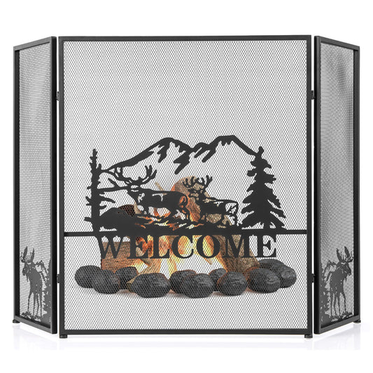 LIVSK Haardscherm met Vonkenbescherming - Inklapbaar 3-Delig - Stevig Metaal - Decoratief Visgraatpatroon - 132 x 79 cm - Zwart