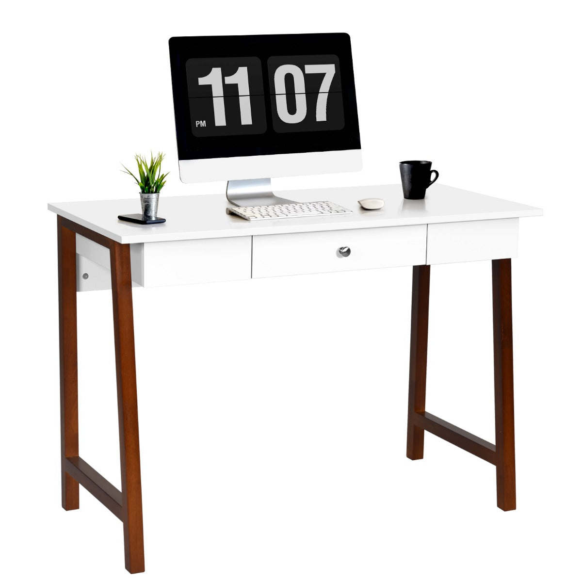 LIVSK Multifunctioneel Bureau - Ruim Bureaublad - Grote Lade - Duurzaam P2 MDF met Rubberhouten Poten - 106,5 x 50 x 75,5 cm - Wit