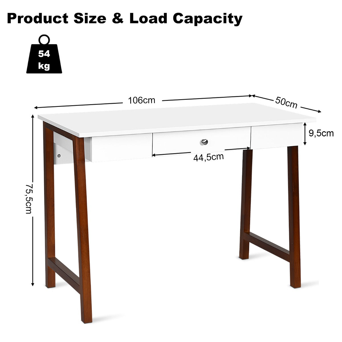 LIVSK Multifunctioneel Bureau - Ruim Bureaublad - Grote Lade - Duurzaam P2 MDF met Rubberhouten Poten - 106,5 x 50 x 75,5 cm - Wit