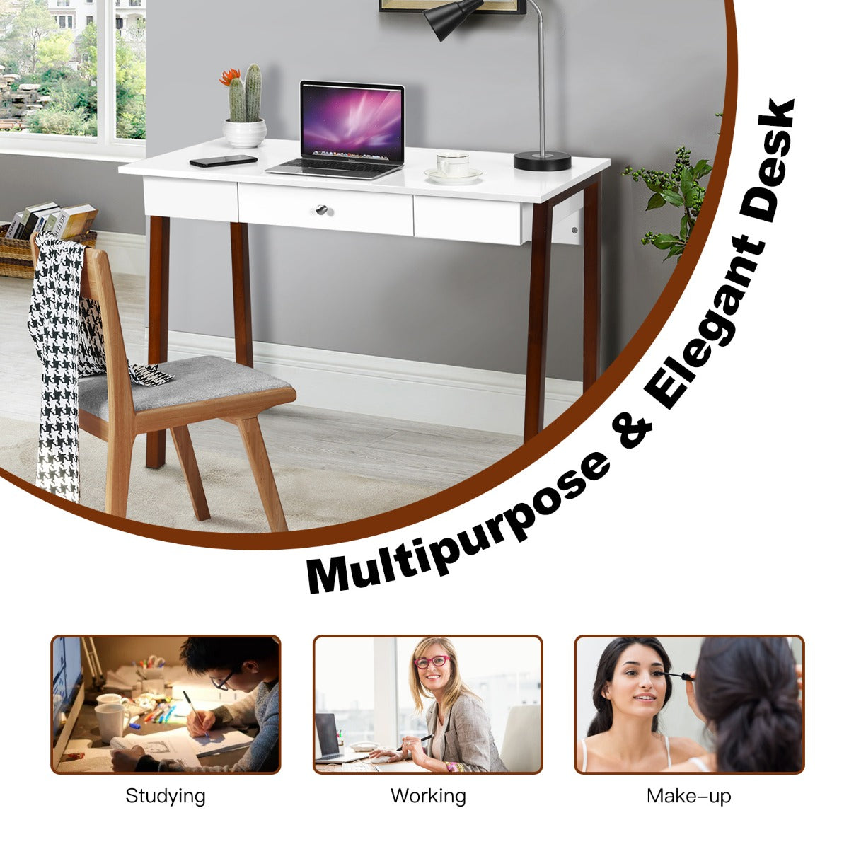 LIVSK Multifunctioneel Bureau - Ruim Bureaublad - Grote Lade - Duurzaam P2 MDF met Rubberhouten Poten - 106,5 x 50 x 75,5 cm - Wit