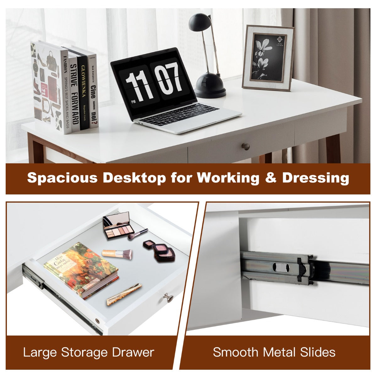 LIVSK Multifunctioneel Bureau - Ruim Bureaublad - Grote Lade - Duurzaam P2 MDF met Rubberhouten Poten - 106,5 x 50 x 75,5 cm - Wit