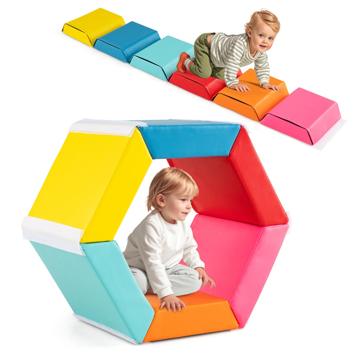 LIVSK Schuimrubberen Bouwstenen Set - 6 Trapeziumvormige Blokken - Veilige Klittenbandsluitingen - Combineerbaar - Veelkleurig