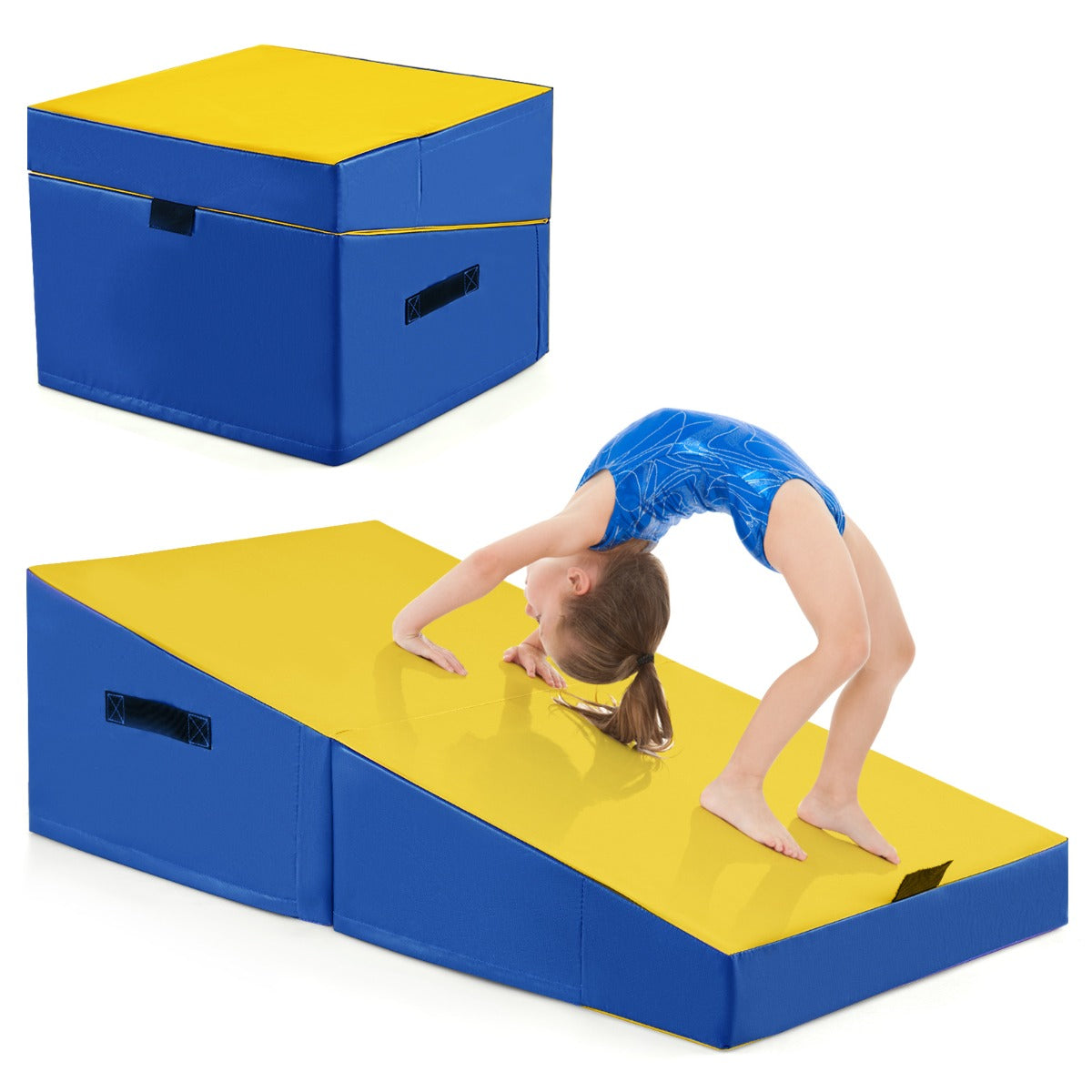 LIVSK Opvouwbare Fitnessmat - EPE-schuim - Slijtvaste PVC Bekleding - Draagbaar en Ondersteunend - 120 x 60 x 35 cm - Geel + Blauw