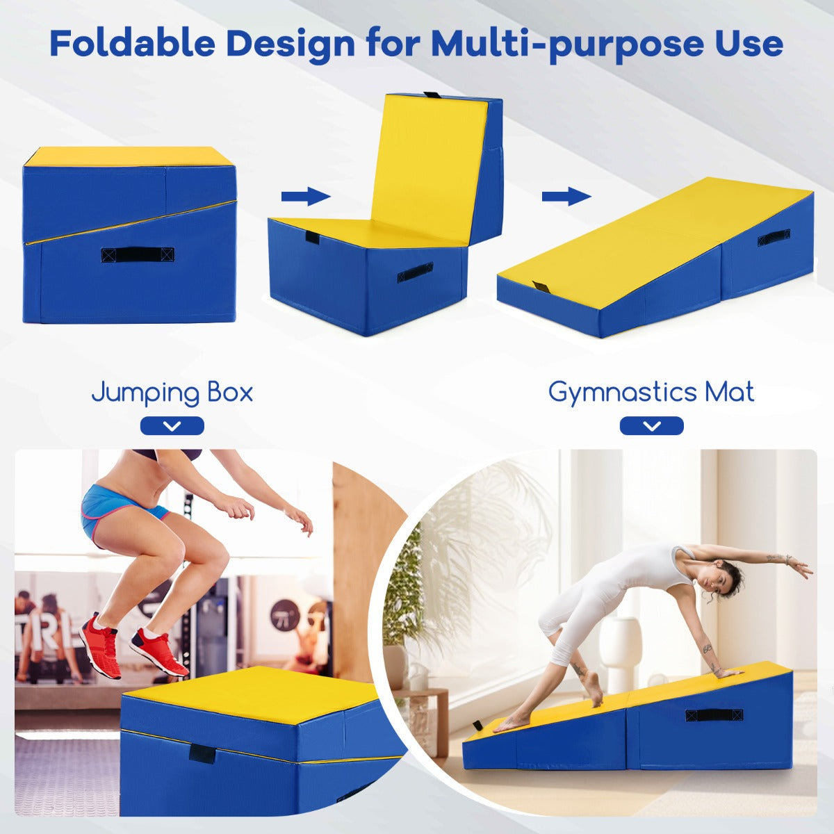 LIVSK Opvouwbare Fitnessmat - EPE-schuim - Slijtvaste PVC Bekleding - Draagbaar en Ondersteunend - 120 x 60 x 35 cm - Geel + Blauw
