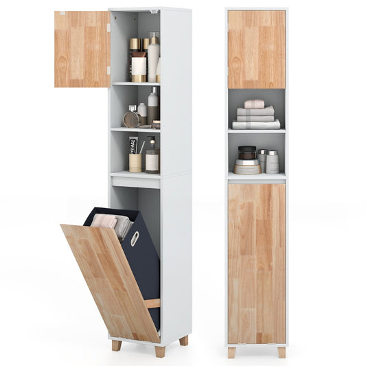 Livsk costway schuine wasmandkast hoge badkamerkast kleur wit natuurlijke houtsoort