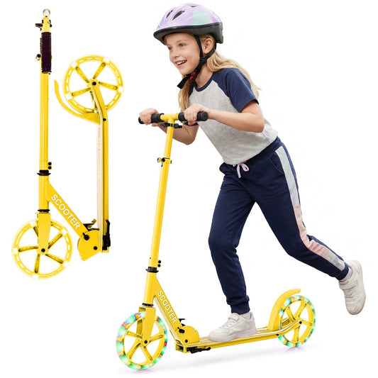 Livsk costway scooter voor jongeren en volwassenen met dubbele verlichte wielen remmen antislipdeck draagriem standaard geel