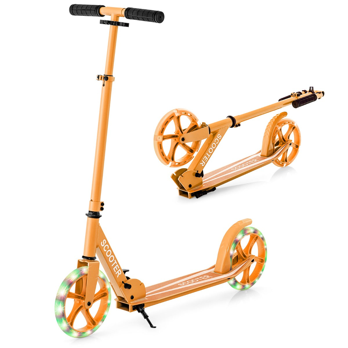 Livsk costway scooter voor jongeren en volwassenen met dubbele verlichte wielen remmen antislipdeck draagriem standaard oranje 1