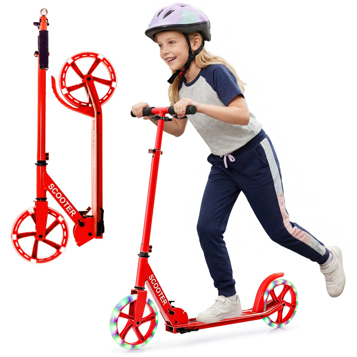 Livsk costway scooter voor jongeren en volwassenen met dubbele verlichte wielen remmen antislipdeck draagriem standaard rood