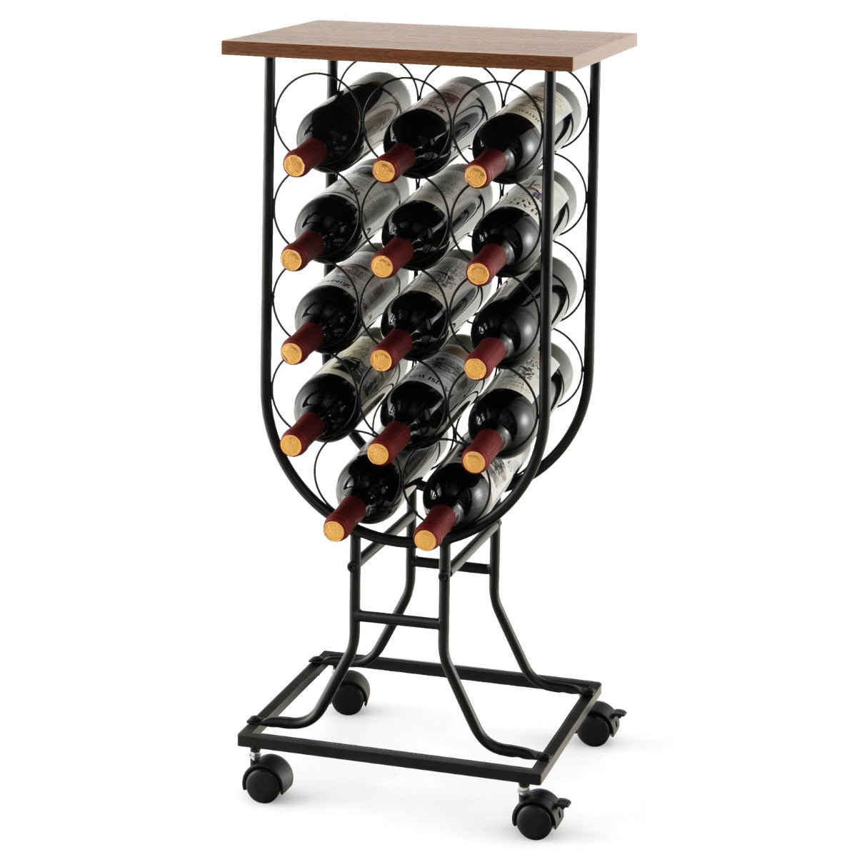 LIVSK Wijnrek met 14 Flessenhouders - Robuust Metaal - 4 Wielen met Remmen - Eenvoudig Schoon te Maken - 38 x 30 x 82 cm - Bruin