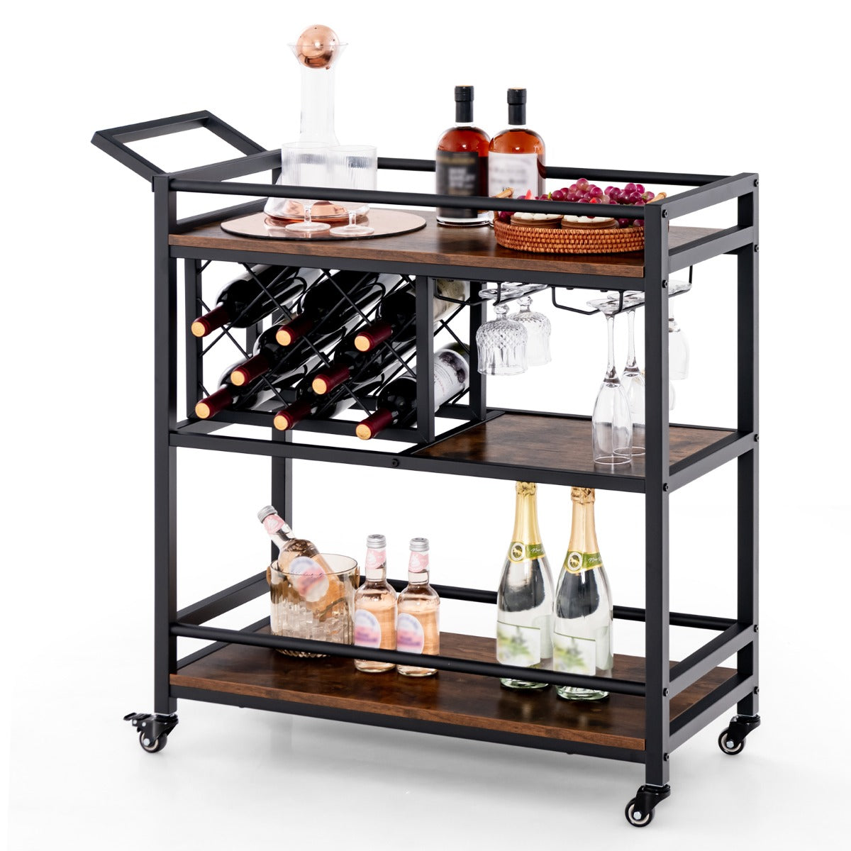 LIVSK Afsluitbare Keukentrolley - 3-Laags Opbergdesign - Wijnrek en Glashouder - Met Wieltjes - 91 x 36 x 92 cm - Vintage