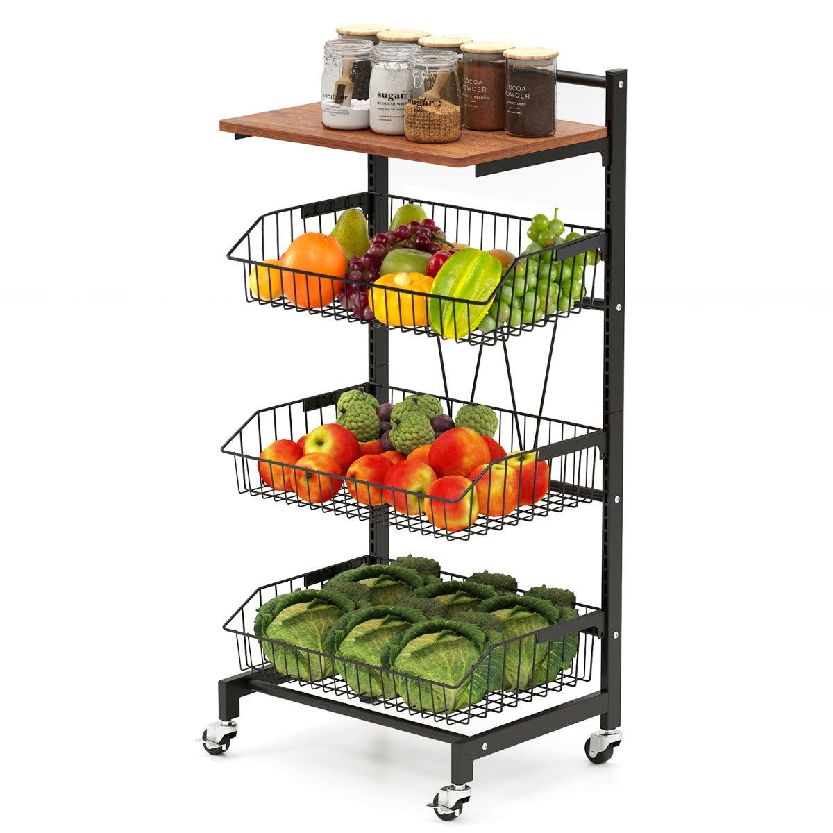 LIVSK Rollende Snackwagen - Verstelbare Manden - Robuust Metaal - Houten Werkblad - Universele Wielen - 40 x 31 x 88 cm - Zwart
