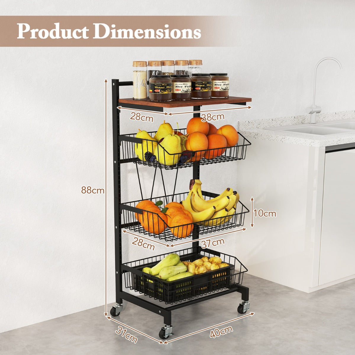 LIVSK Rollende Snackwagen - Verstelbare Manden - Robuust Metaal - Houten Werkblad - Universele Wielen - 40 x 31 x 88 cm - Zwart