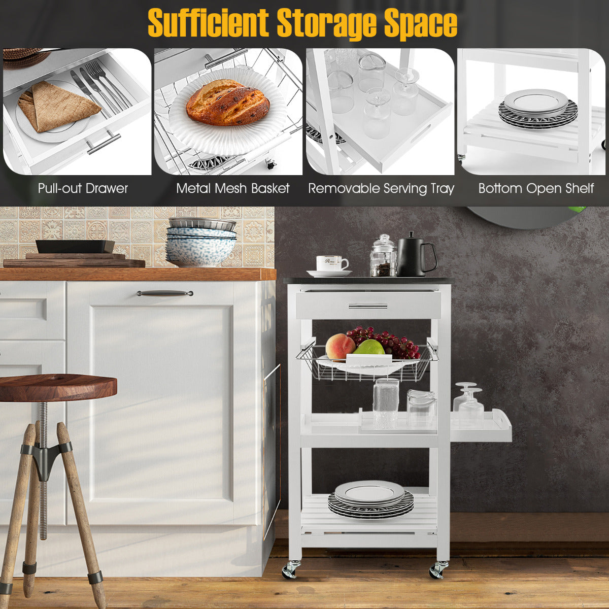 Livsk costway serveerwagen rollend keukeneiland met werkblad 47 x 39 x 85 cm wit 3