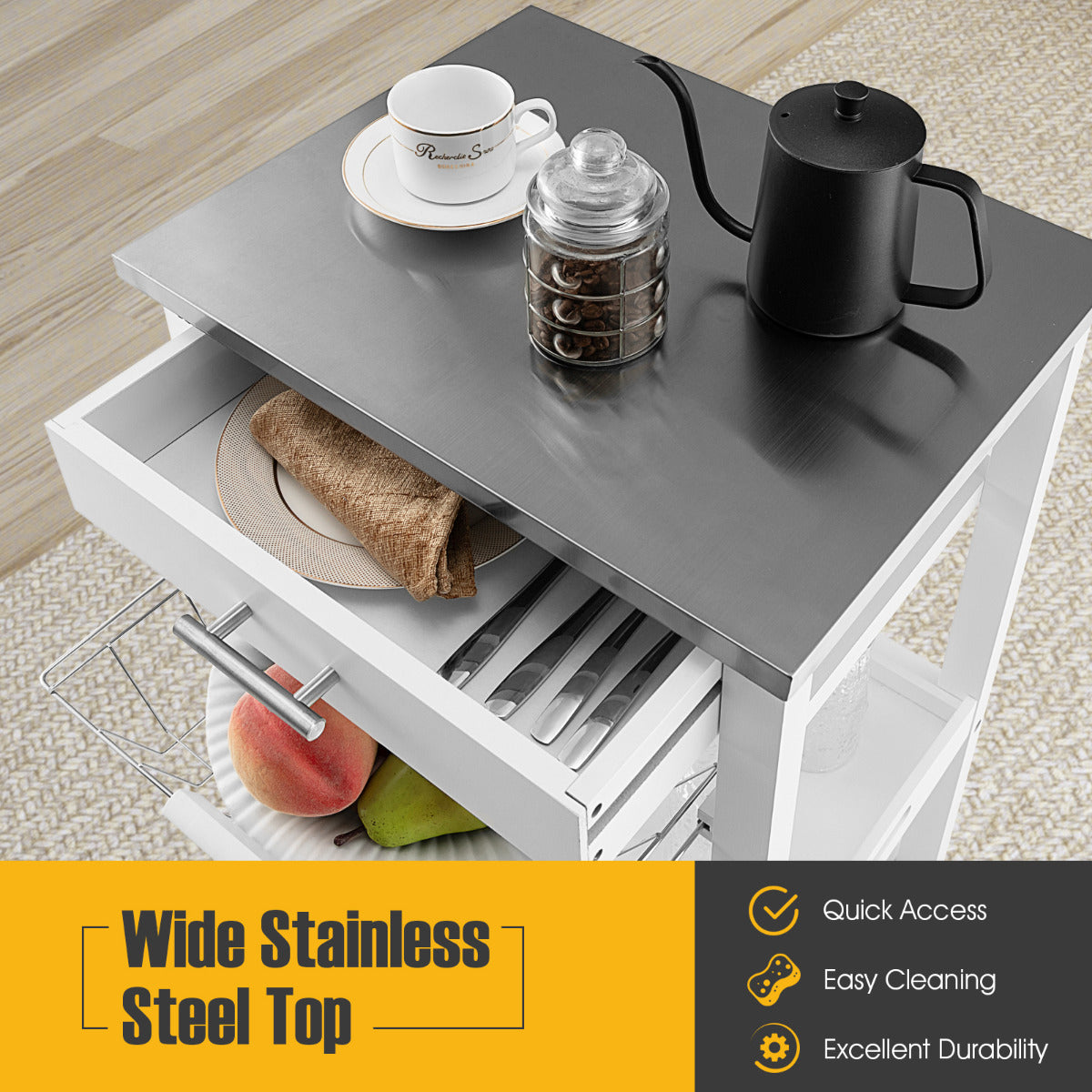 Livsk costway serveerwagen rollend keukeneiland met werkblad 47 x 39 x 85 cm wit 5