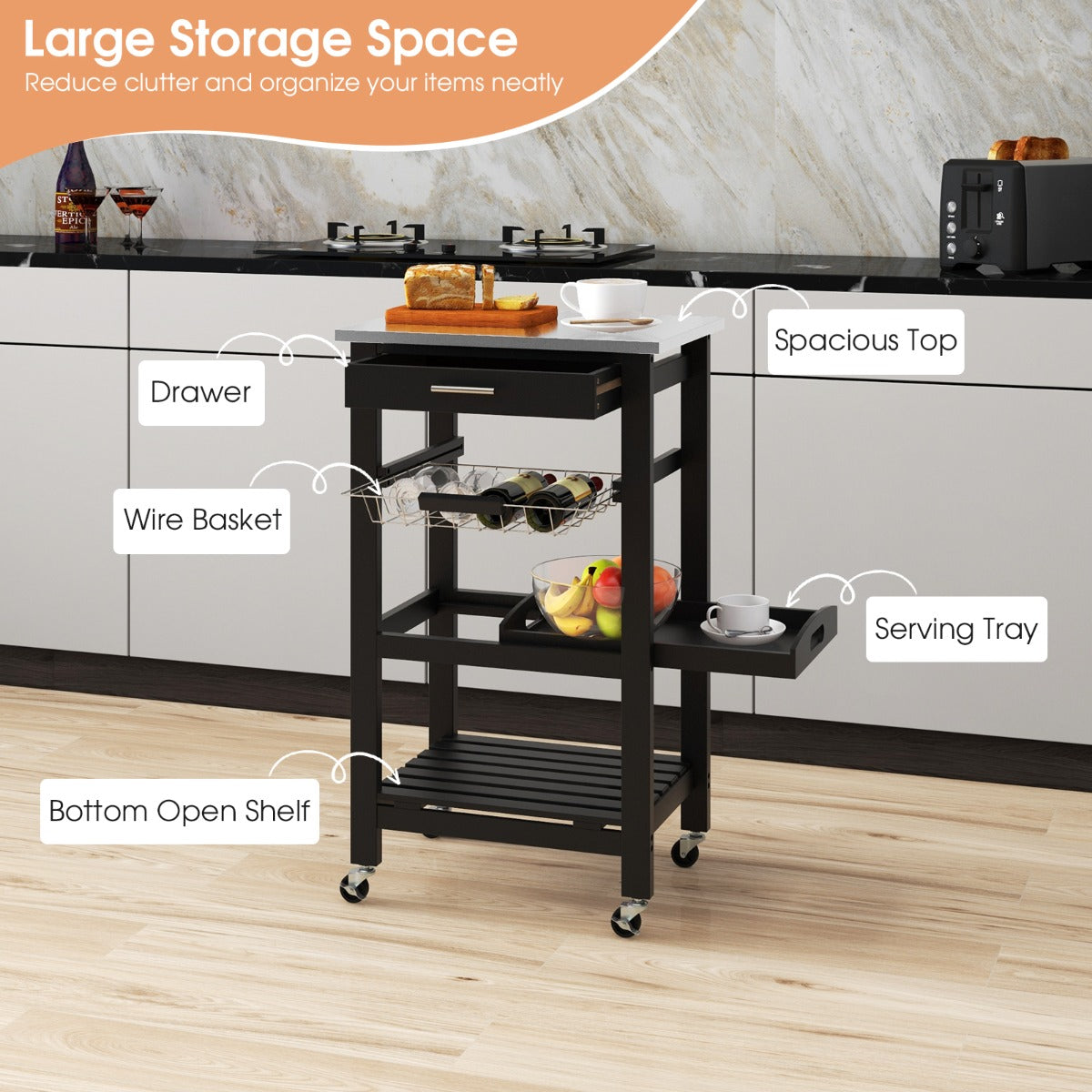Livsk costway serveerwagen rollend keukeneiland met werkblad 47 x 39 x 85 cm zwart 3
