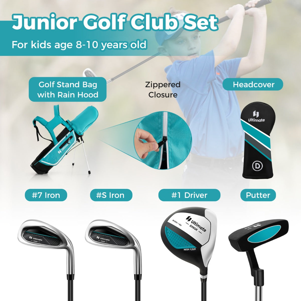 LIVSK Junior Golfclubset voor Kinderen - Compleet met Golftas en Regenhoes - Driver, 7-Delige Ijzer, Putter - Blauw/Groen/Roze