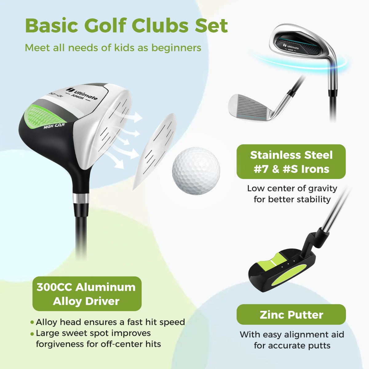 LIVSK Junior Golfclubset voor Kinderen 8-10 jaar - Compleet met Driver, 7/9/S IJzer, Putter en Regenhoes - Blauw/Groen/Roze