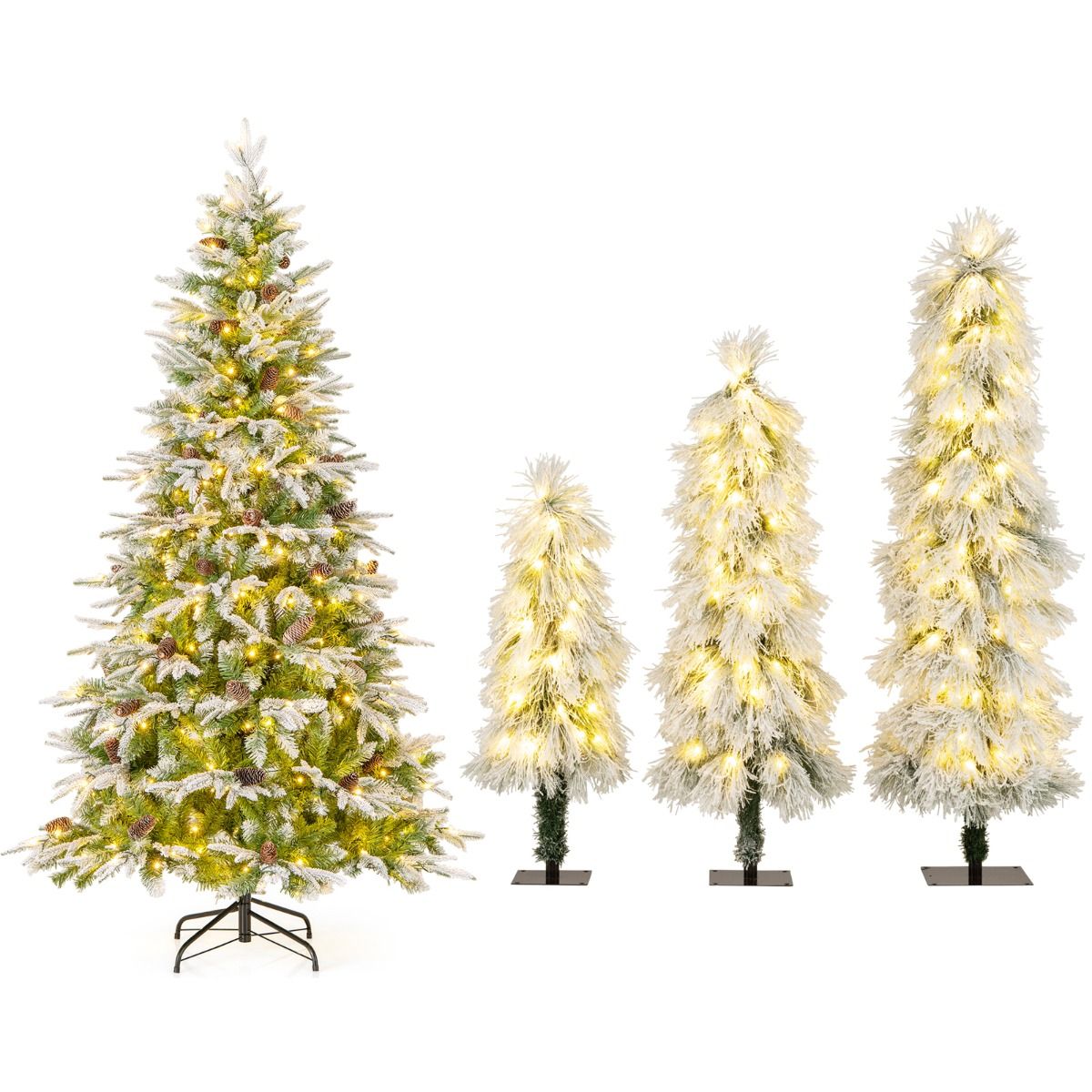 Livsk costway set kunstkerstbomen met sneeuweffect en warme ledverlichting inclusief 190 cm en set van 3 bomen met variabele hoogte