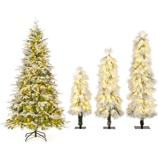 Livsk costway set kunstkerstbomen met sneeuweffect en warme ledverlichting inclusief 190 cm en set van 3 bomen met variabele hoogte