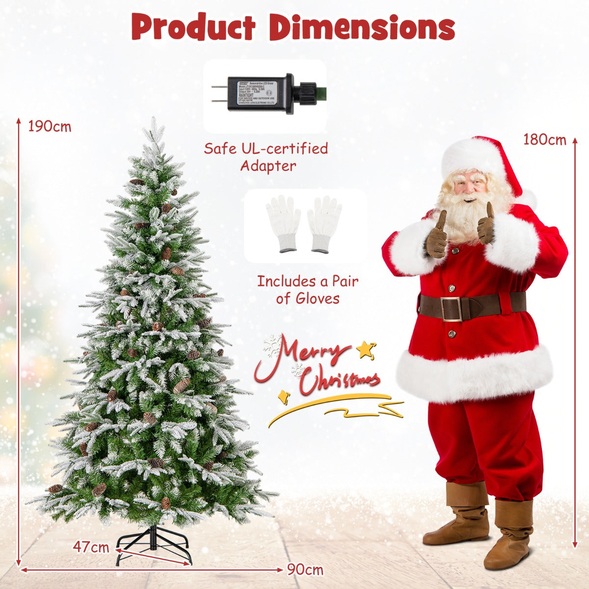 Livsk costway set kunstkerstbomen met sneeuweffect en warme ledverlichting inclusief 190 cm en set van 3 bomen met variabele hoogte 3