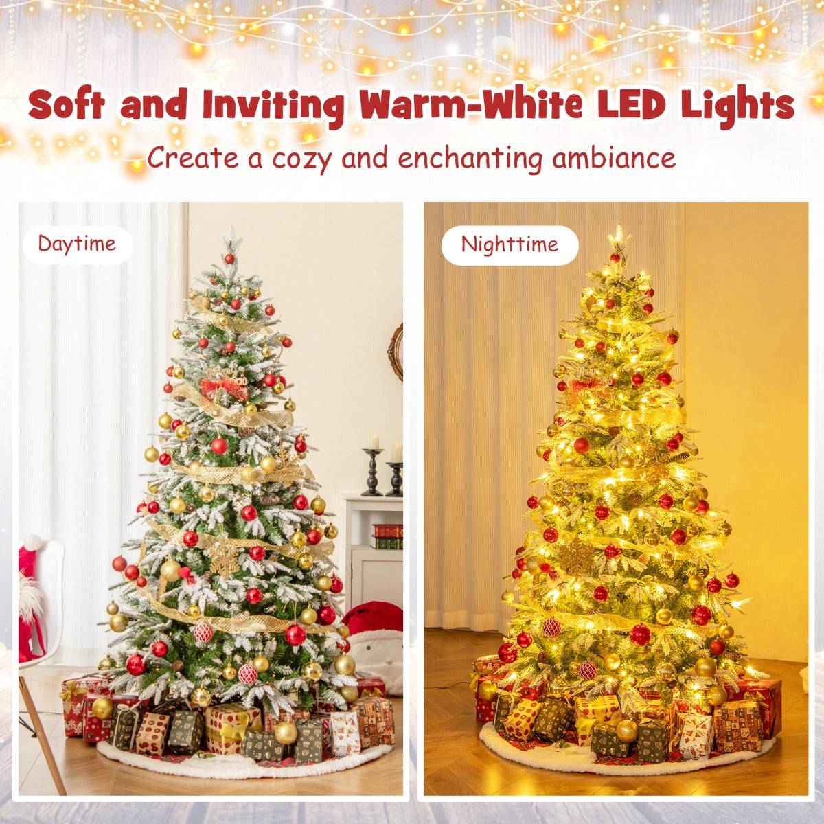 Livsk costway set kunstkerstbomen met sneeuweffect en warme ledverlichting inclusief 190 cm en set van 3 bomen met variabele hoogte 6
