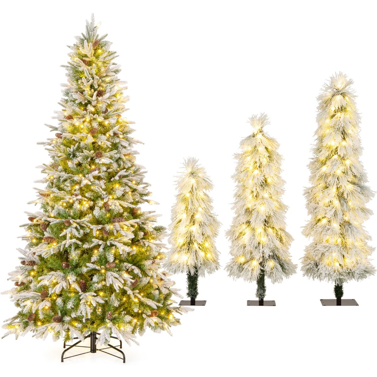 Livsk costway set kunstkerstbomen met sneeuweffect en warme ledverlichting inclusief 225 cm en set van 3 bomen met variabele hoogte