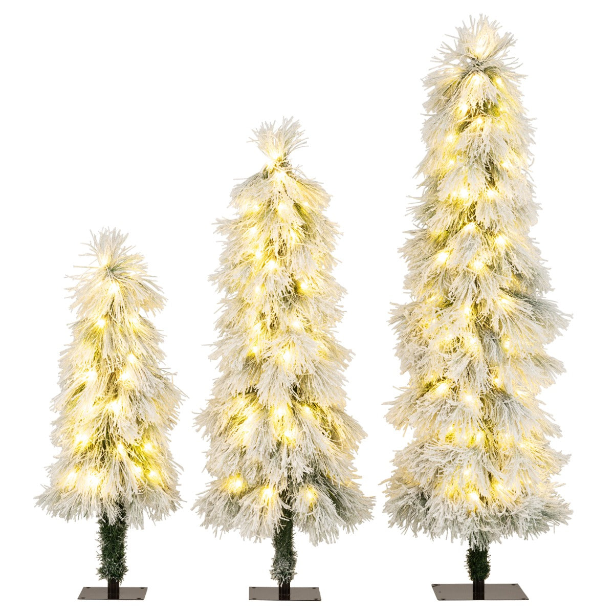 Livsk costway set kunstkerstbomen met sneeuweffect en warme ledverlichting inclusief 225 cm en set van 3 bomen met variabele hoogte 2