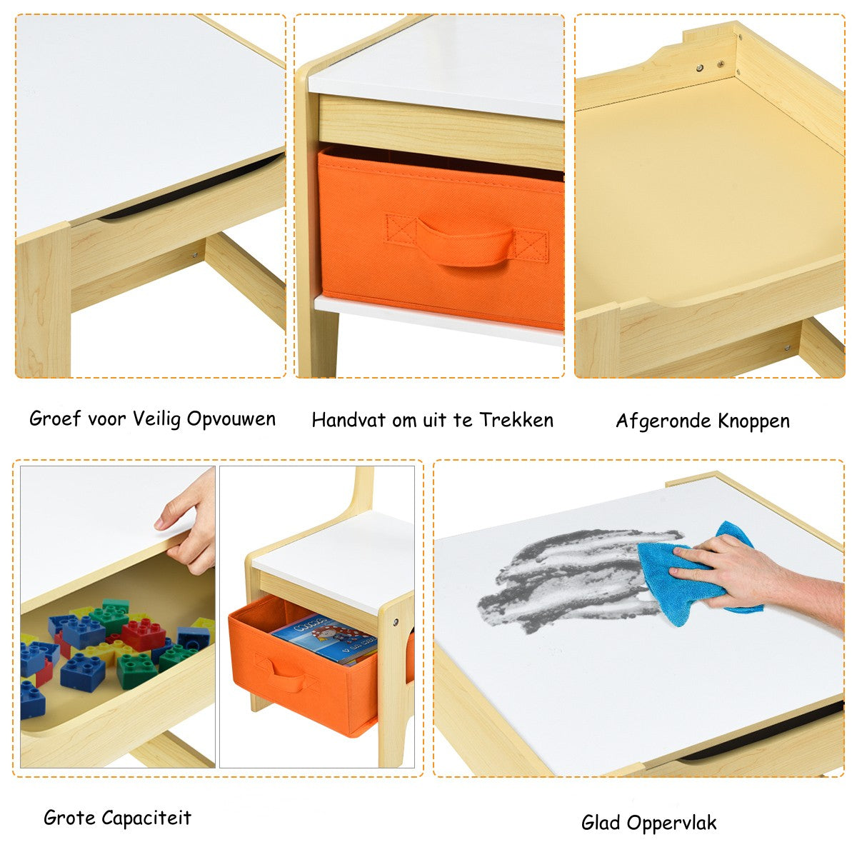 Livsk costway set met tafel en 2 kinderstoelen van hout en houten boekenkast voor kinderen 3 delige set kindermeubels en opbergrek 5