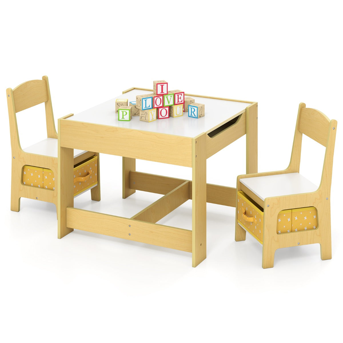 Livsk costway set met tafel en 2 stoelen voor kinderen activiteiten tafel voor peuters met afneembaar dubbelzijdig blad schoolbord en whiteboard geel 1 1