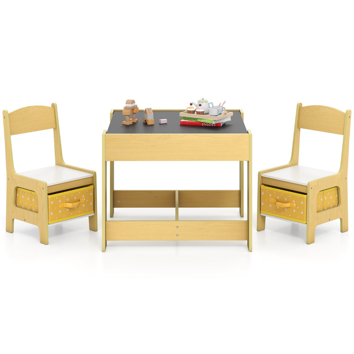 Livsk costway set met tafel en 2 stoelen voor kinderen activiteiten tafel voor peuters met afneembaar dubbelzijdig blad schoolbord en whiteboard geel