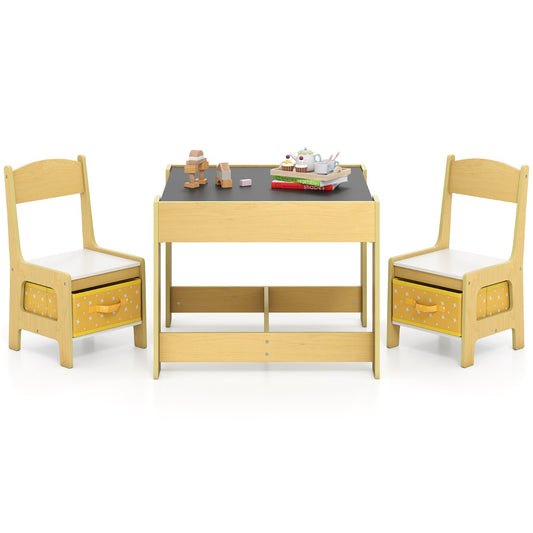 Livsk costway set met tafel en 2 stoelen voor kinderen activiteiten tafel voor peuters met afneembaar dubbelzijdig blad schoolbord en whiteboard geel