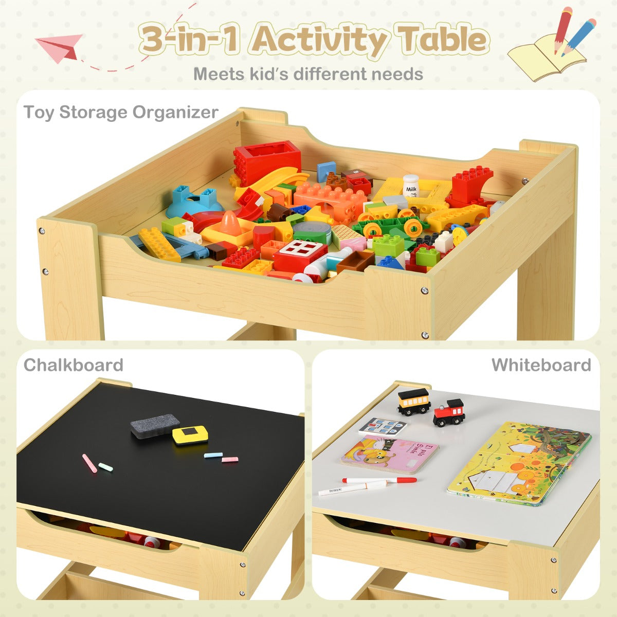 Livsk costway set met tafel en 2 stoelen voor kinderen activiteiten tafel voor peuters met afneembaar dubbelzijdig blad schoolbord en whiteboard geel 4