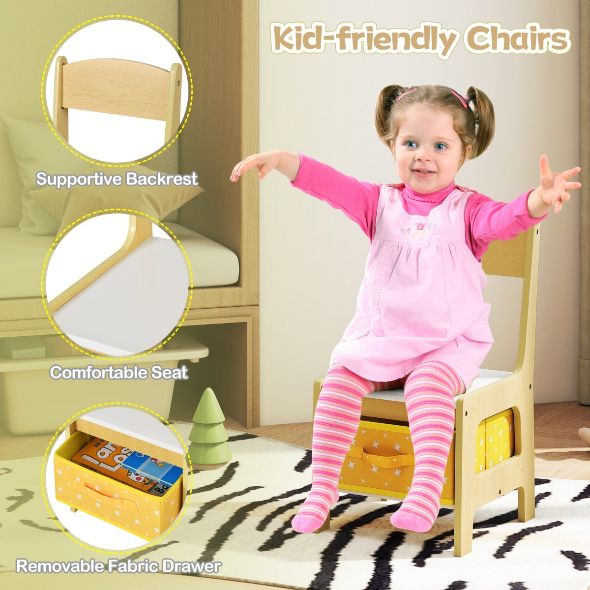 Livsk costway set met tafel en 2 stoelen voor kinderen activiteiten tafel voor peuters met afneembaar dubbelzijdig blad schoolbord en whiteboard geel 6
