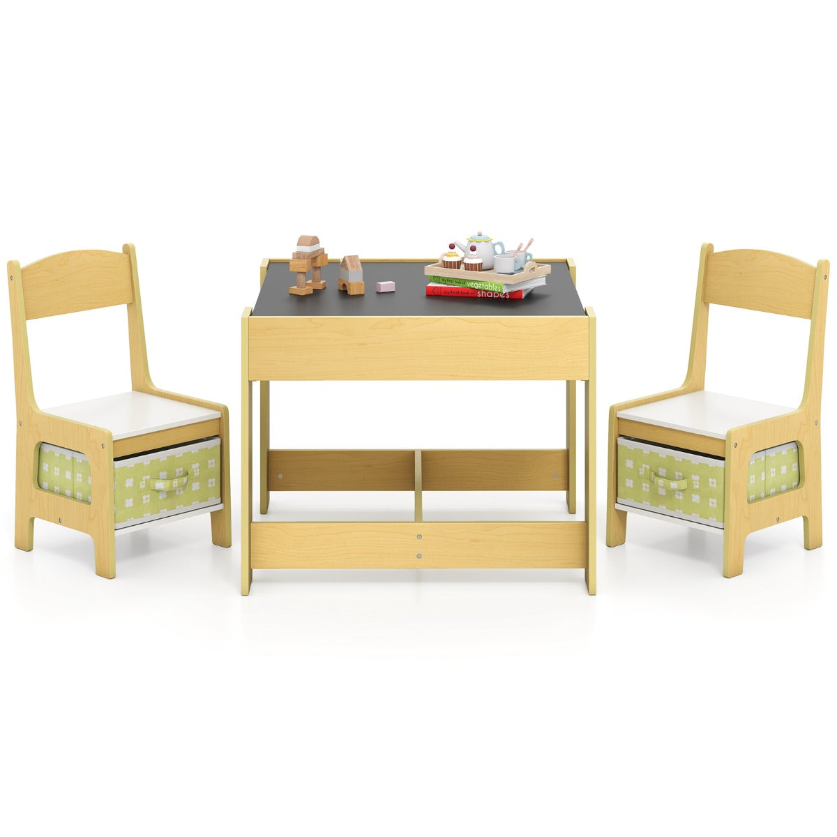 Livsk costway set met tafel en 2 stoelen voor kinderen activiteiten tafel voor peuters met afneembaar dubbelzijdig blad schoolbord en whiteboard groen