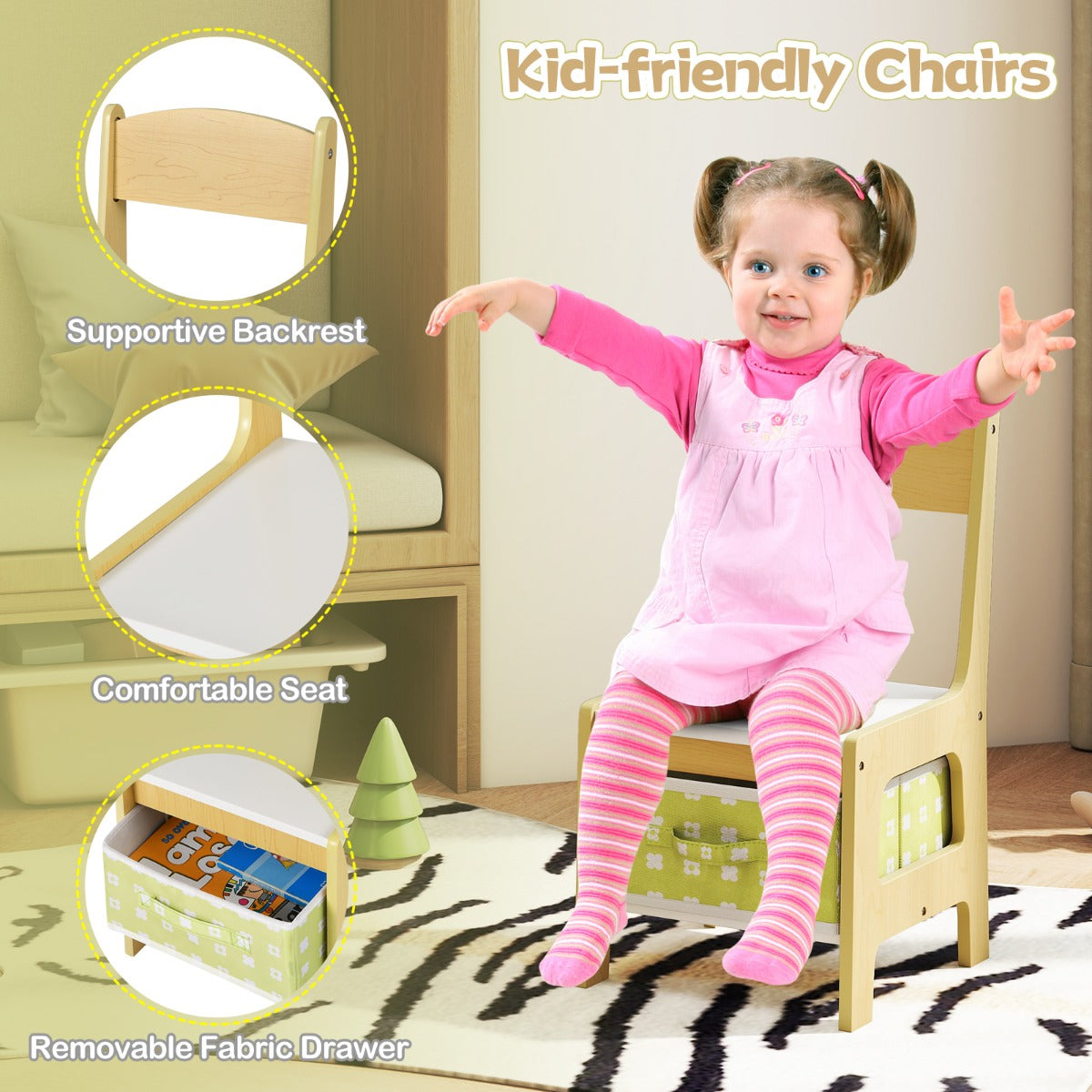 Livsk costway set met tafel en 2 stoelen voor kinderen activiteiten tafel voor peuters met afneembaar dubbelzijdig blad schoolbord en whiteboard groen 5