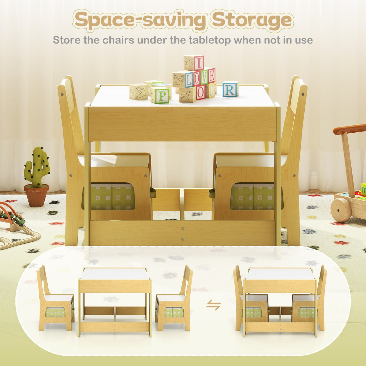Livsk costway set met tafel en 2 stoelen voor kinderen activiteiten tafel voor peuters met afneembaar dubbelzijdig blad schoolbord en whiteboard groen 6