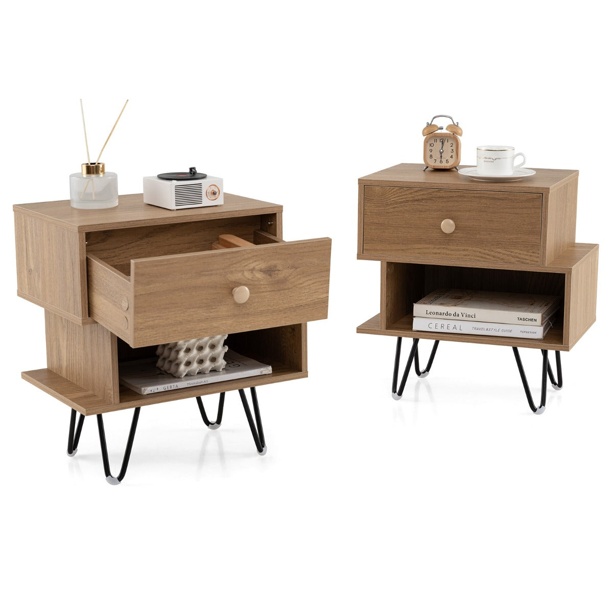 LIVSK Nachtkastjesset - Verstelbare Lade - Stevige Metalen Poten - Mid-Century Design - Ideaal voor Kleine Ruimtes - Naturel