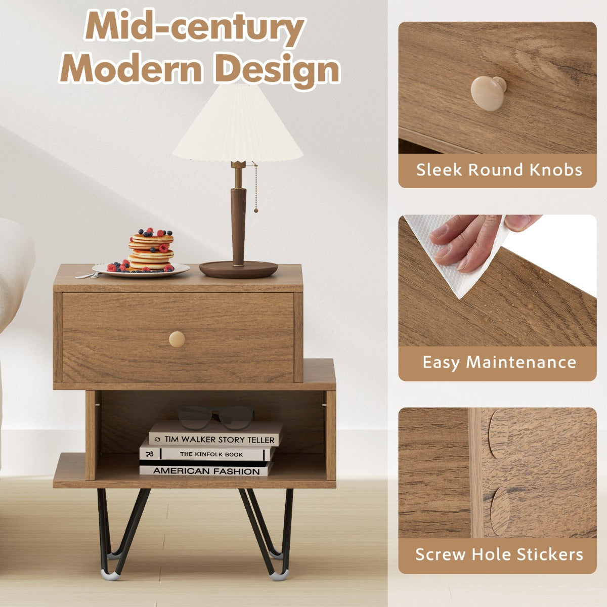 LIVSK Nachtkastjesset - Verstelbare Lade - Stevige Metalen Poten - Mid-Century Design - Ideaal voor Kleine Ruimtes - Naturel