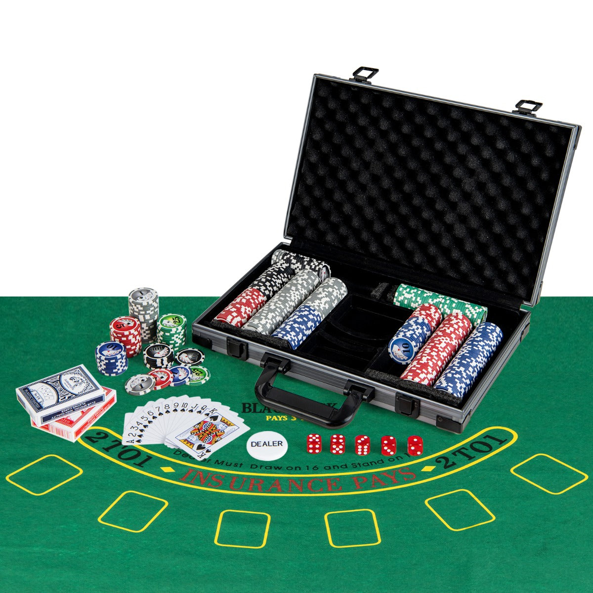 LIVSK Pokerchipset 400 Chips - 2 Kaartspellen - 5 Dobbelstenen - Viltmat - Aluminium Koffer - Ideaal voor Toernooien - Multicolor