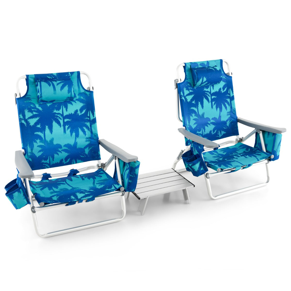 Livsk costway set van 1 tafel en 2 strandstoelen ligstoelen voor buiten met oprolbare campingtafel 5 standen klapstoelen en aluminium tafel blauw 1 1