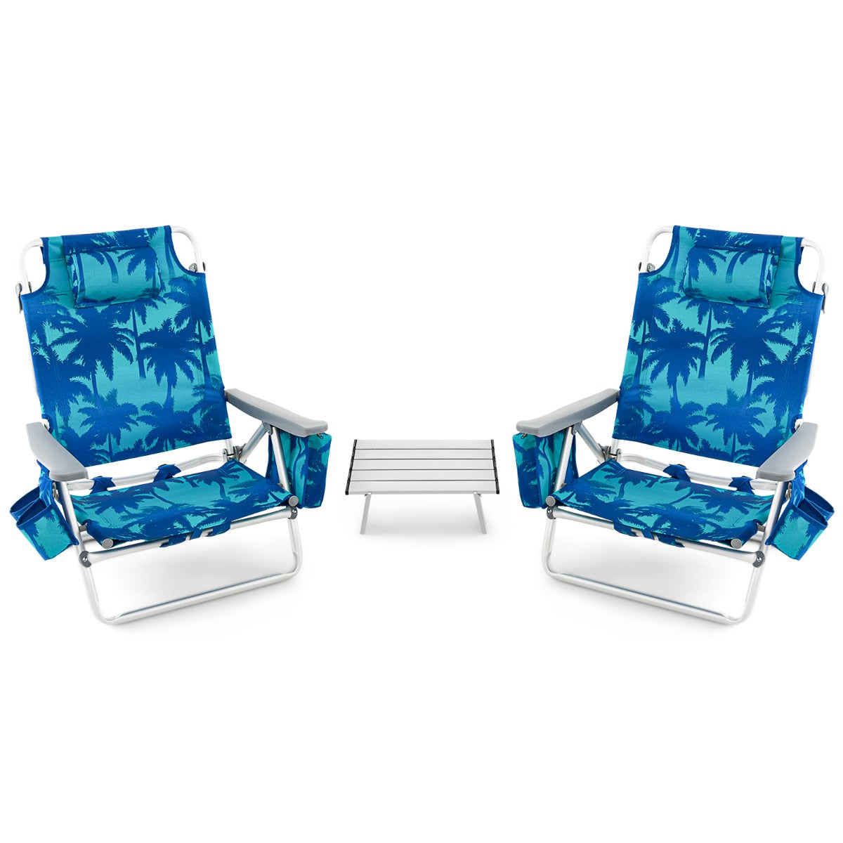 Livsk costway set van 1 tafel en 2 strandstoelen ligstoelen voor buiten met oprolbare campingtafel 5 standen klapstoelen en aluminium tafel blauw