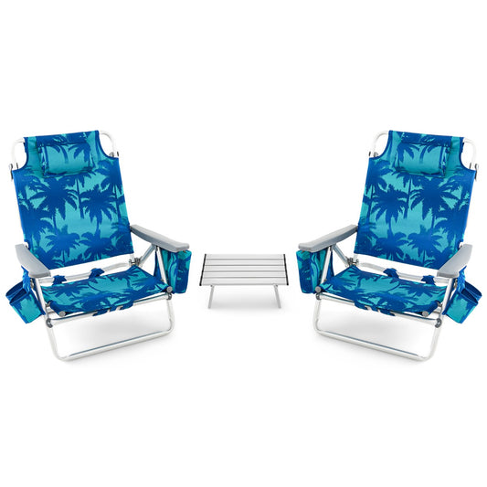 Livsk costway set van 1 tafel en 2 strandstoelen ligstoelen voor buiten met oprolbare campingtafel 5 standen klapstoelen en aluminium tafel blauw