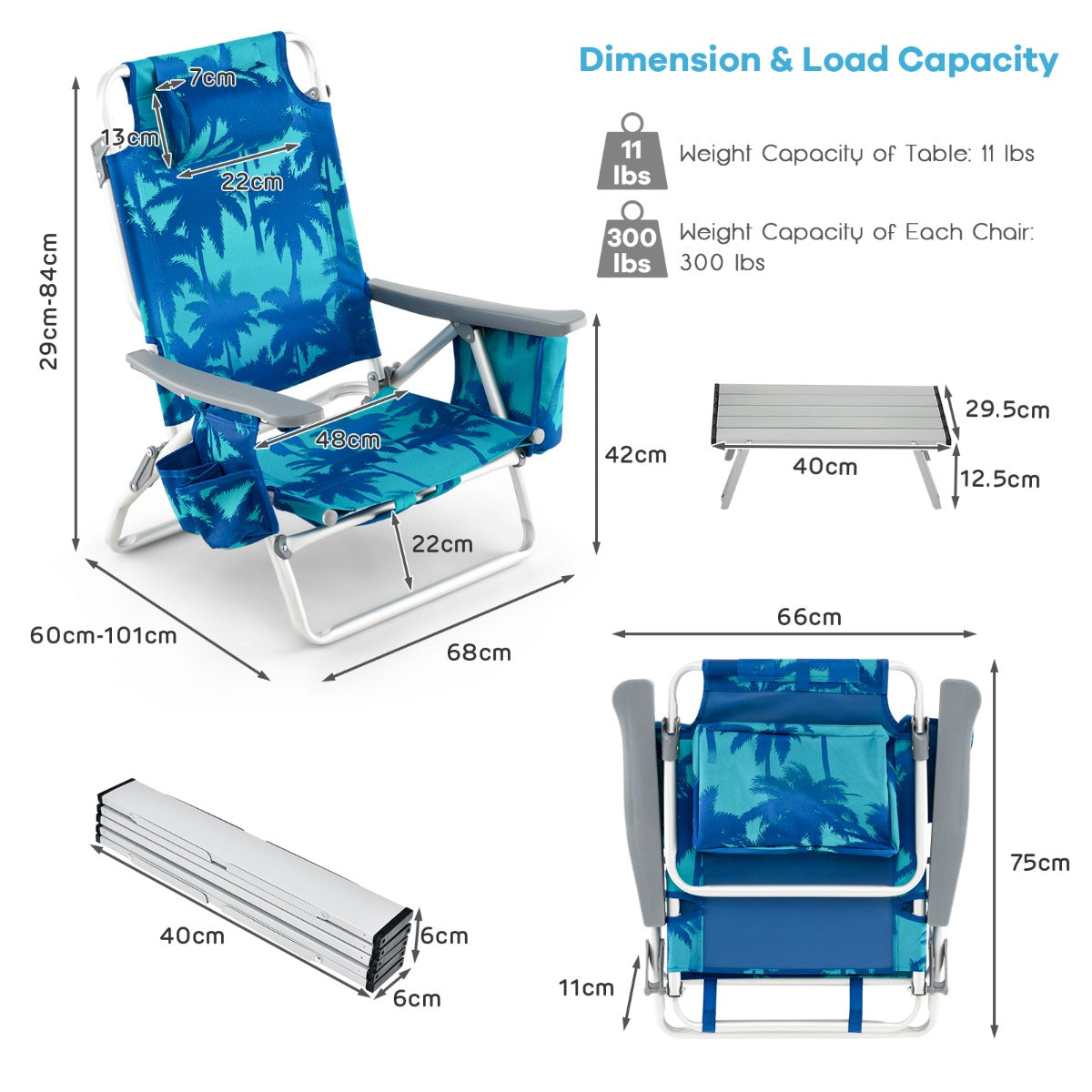 Livsk costway set van 1 tafel en 2 strandstoelen ligstoelen voor buiten met oprolbare campingtafel 5 standen klapstoelen en aluminium tafel blauw 4