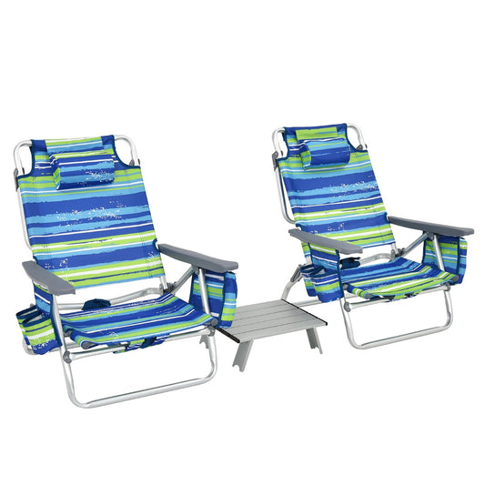 LIVSK 3-delige Strandmeubelset - 2 Verstelbare Strandstoelen met Hoofdkussen - Opvouwbare Campingtafel - Duurzaam - Blauw/Groen