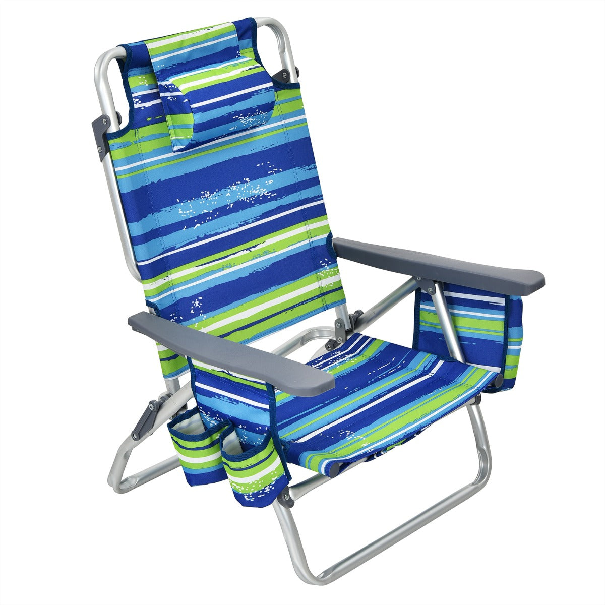 LIVSK 3-delige Strandmeubelset - 2 Verstelbare Strandstoelen met Hoofdkussen - Opvouwbare Campingtafel - Duurzaam - Blauw/Groen