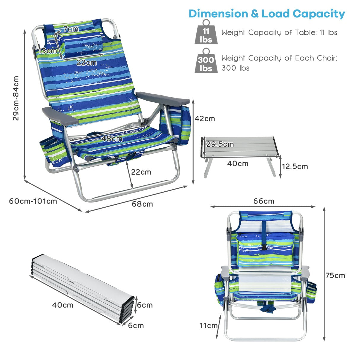 LIVSK 3-delige Strandmeubelset - 2 Verstelbare Strandstoelen met Hoofdkussen - Opvouwbare Campingtafel - Duurzaam - Blauw/Groen